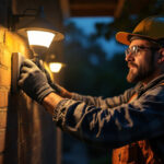 A photograph of a lighting contractor installing or adjusting a photocell light in an outdoor setting at dusk