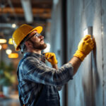 A photograph of a lighting contractor in action