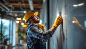 A photograph of a lighting contractor in action