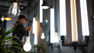 A photograph of a brightly lit room showcasing various long led light bulbs in stylish fixtures