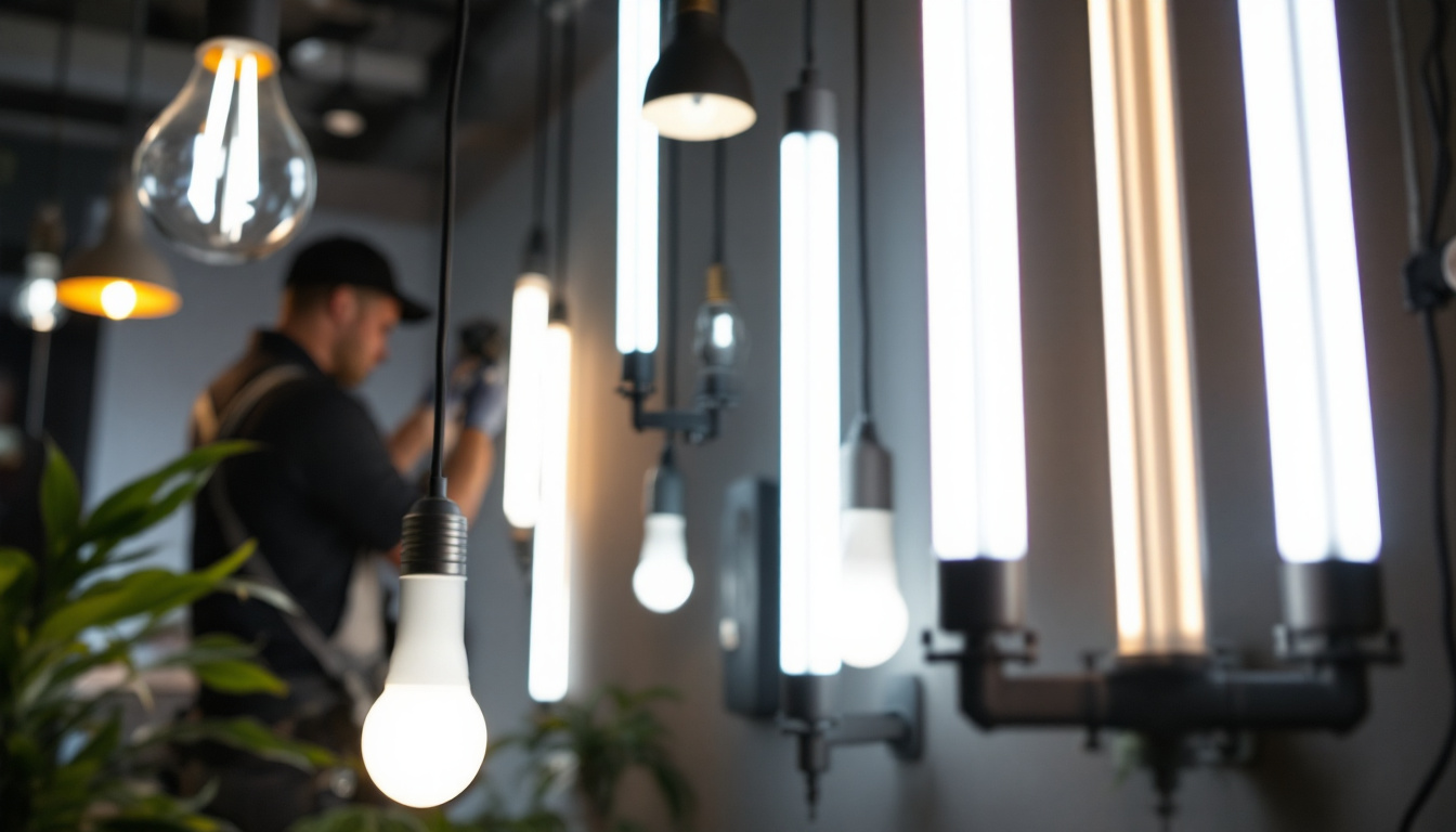 A photograph of a brightly lit room showcasing various long led light bulbs in stylish fixtures