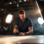 A photograph of a skilled lighting contractor expertly adjusting sophisticated lighting equipment in a well-designed space