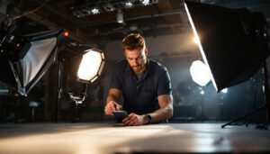 A photograph of a skilled lighting contractor expertly adjusting sophisticated lighting equipment in a well-designed space