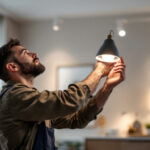 A photograph of a skilled lighting contractor in action
