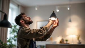 A photograph of a skilled lighting contractor in action
