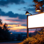 A photograph of a well-lit outdoor sign illuminated by solar-powered lights during dusk
