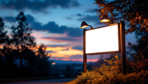 A photograph of a well-lit outdoor sign illuminated by solar-powered lights during dusk