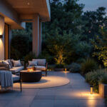 A photograph of a beautifully lit patio at dusk