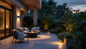 A photograph of a beautifully lit patio at dusk