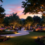A photograph of a vibrant park scene at dusk