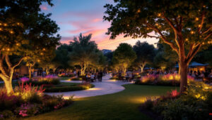 A photograph of a vibrant park scene at dusk