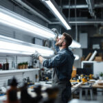 A photograph of a well-lit workspace featuring a lighting contractor installing or examining fluorescent 8ft tubes