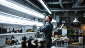 A photograph of a well-lit workspace featuring a lighting contractor installing or examining fluorescent 8ft tubes