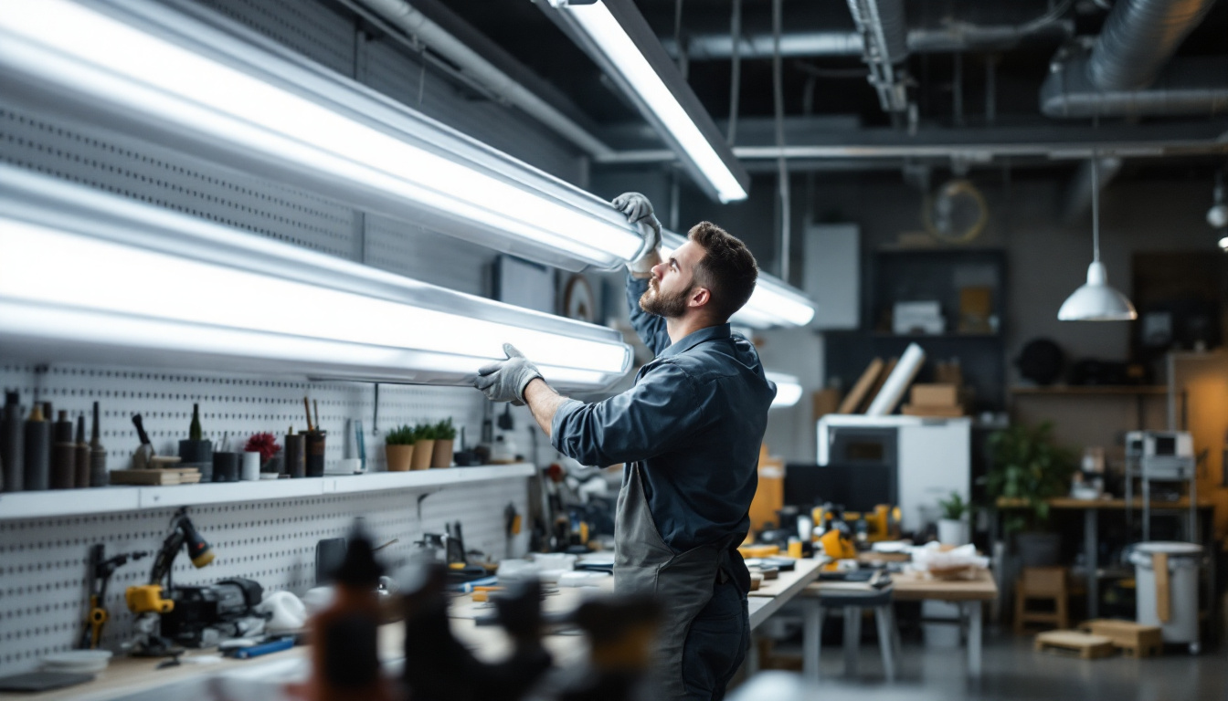A photograph of a well-lit workspace featuring a lighting contractor installing or examining fluorescent 8ft tubes