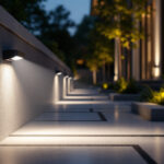 A photograph of a well-lit exterior space featuring a sleek motion sensor flood light in action