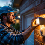 A photograph of a lighting contractor installing an outdoor floodlight motion sensor in a residential setting during dusk