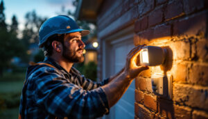 A photograph of a lighting contractor installing an outdoor floodlight motion sensor in a residential setting during dusk