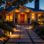 A photograph of a beautifully illuminated outdoor space featuring various lighting fixtures around a house