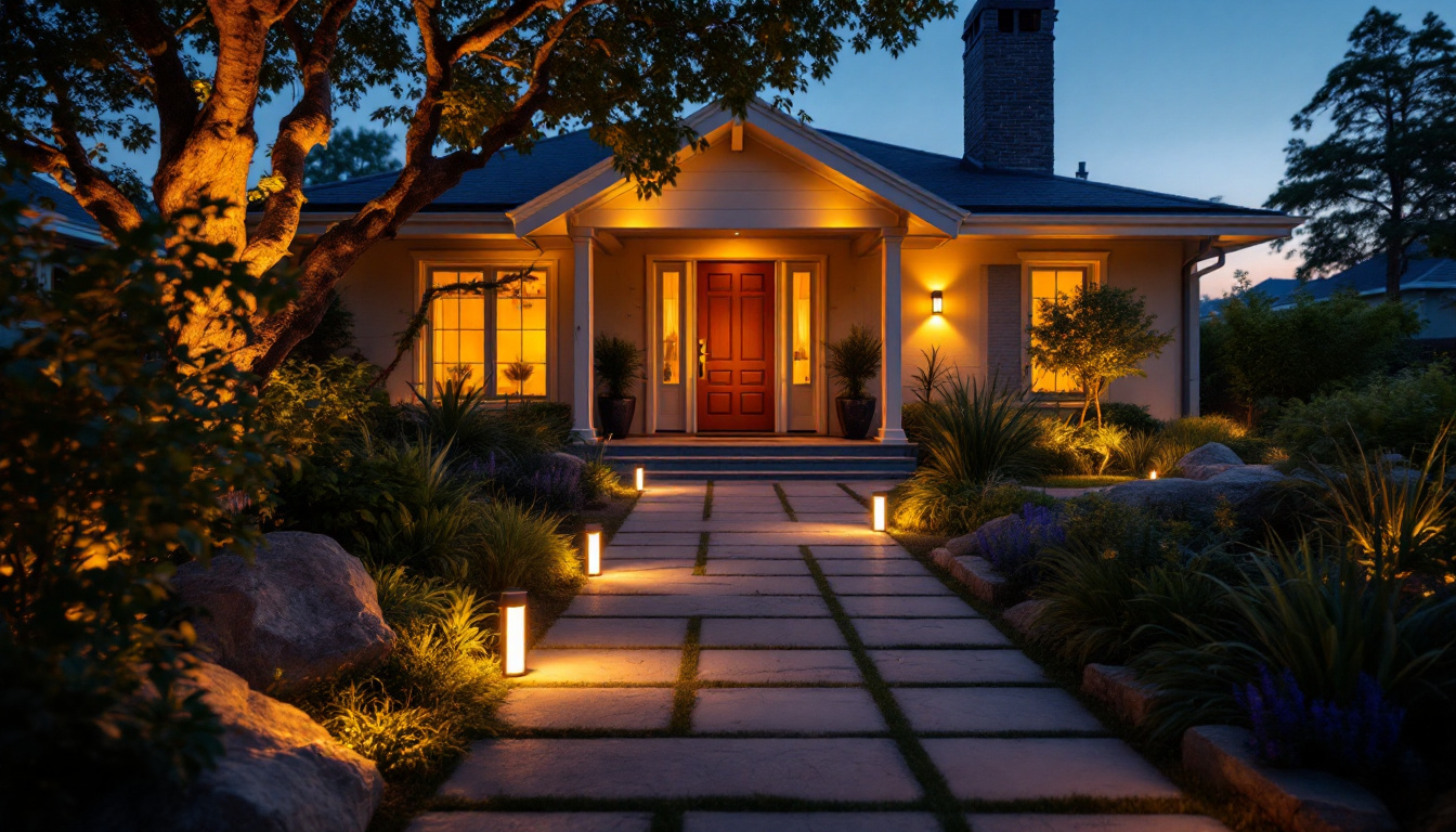 A photograph of a beautifully illuminated outdoor space featuring various lighting fixtures around a house