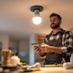 A photograph of a skilled lighting contractor installing recessed led light bulbs in a modern home setting
