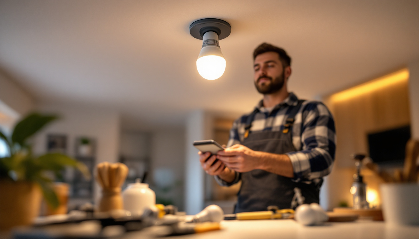A photograph of a skilled lighting contractor installing recessed led light bulbs in a modern home setting