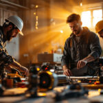 A photograph of a team of professional lighting contractors collaborating on a project