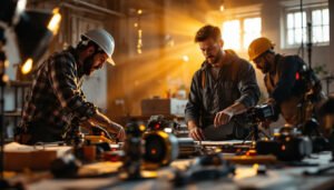 A photograph of a team of professional lighting contractors collaborating on a project