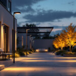 A photograph of a well-lit outdoor area showcasing et2 lighting fixtures in action