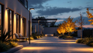A photograph of a well-lit outdoor area showcasing et2 lighting fixtures in action