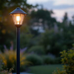 A photograph of a stylish outdoor pole lamp illuminated at dusk