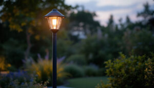 A photograph of a stylish outdoor pole lamp illuminated at dusk
