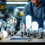 A photograph of a variety of fluorescent light bulbs in different sizes and shapes displayed on a workbench