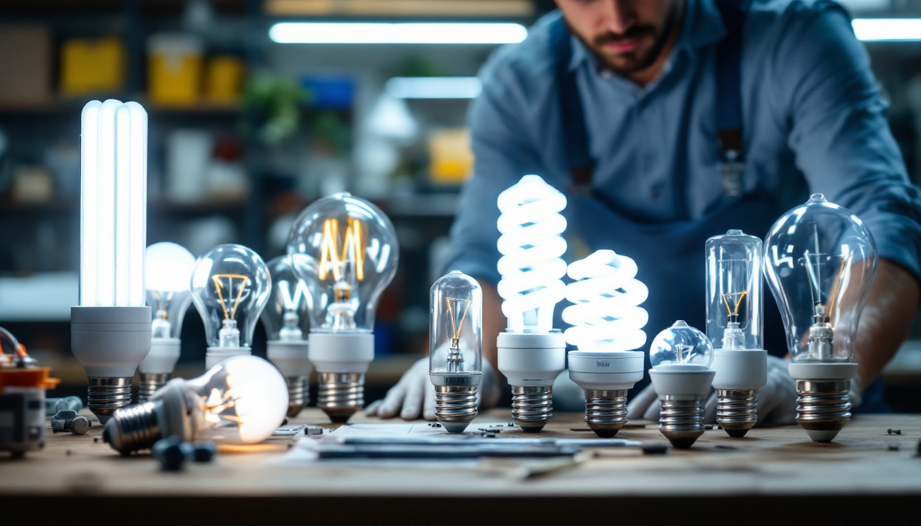 A photograph of a variety of fluorescent light bulbs in different sizes and shapes displayed on a workbench