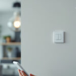 A photograph of a lighting contractor installing a smart wifi light switch in a modern home setting