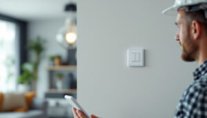 A photograph of a lighting contractor installing a smart wifi light switch in a modern home setting
