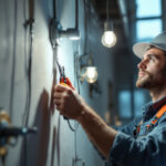 A photograph of a lighting contractor installing or inspecting utility light sockets in a commercial or residential setting