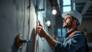 A photograph of a lighting contractor installing or inspecting utility light sockets in a commercial or residential setting