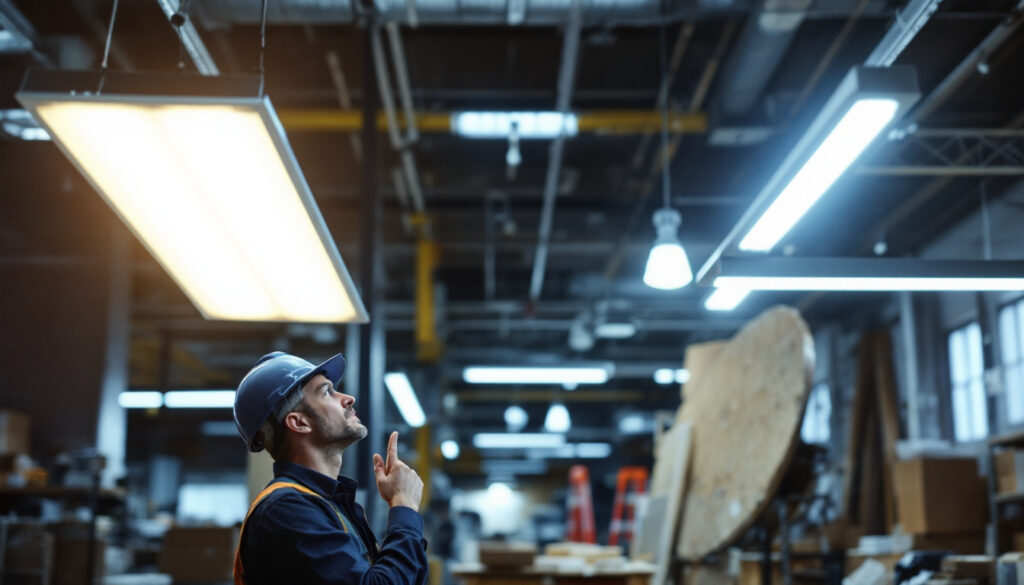 A photograph of a side-by-side comparison of led and fluorescent light fixtures in a well-lit workspace
