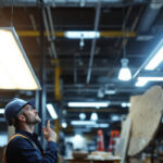 A photograph of a side-by-side comparison of led and fluorescent light fixtures in a well-lit workspace