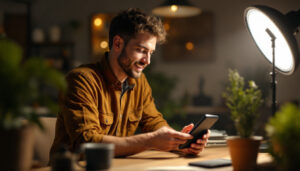 A photograph of a lighting contractor demonstrating the use of a led lamp with a remote control in a well-lit workspace
