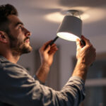 A photograph of a skilled lighting contractor expertly installing or adjusting a stylish can light fixture in a modern home setting