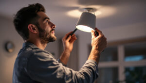 A photograph of a skilled lighting contractor expertly installing or adjusting a stylish can light fixture in a modern home setting