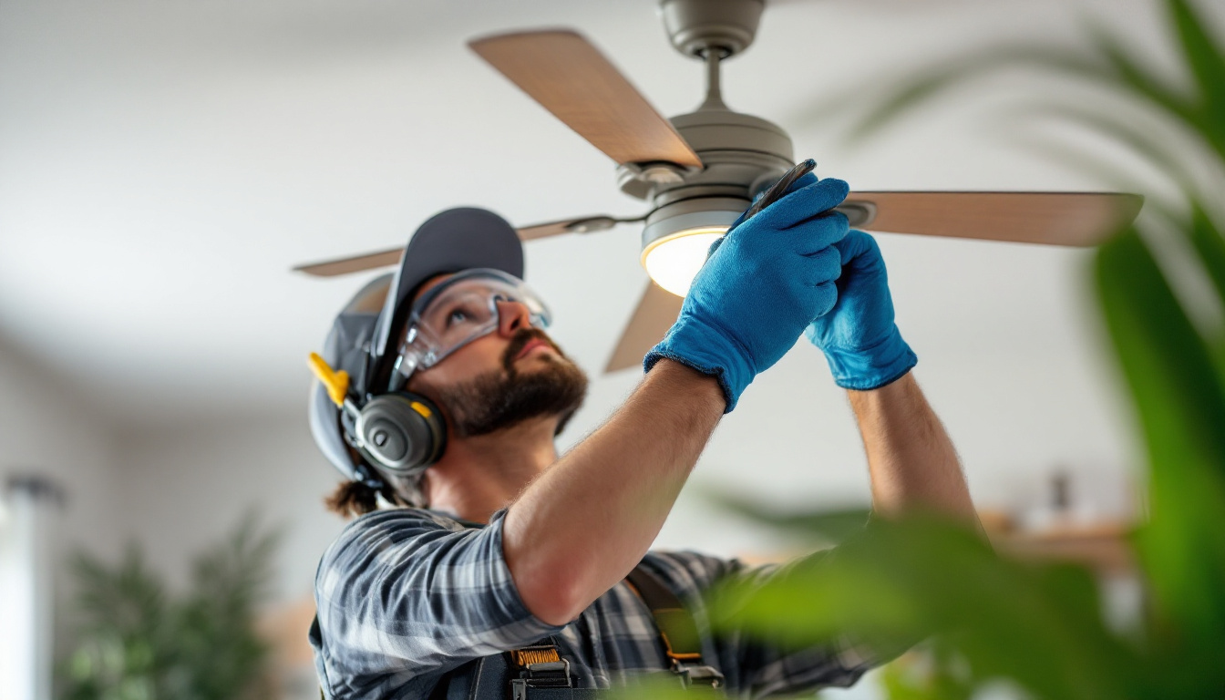A photograph of a skilled lighting contractor carefully replacing a ceiling fan light cover