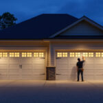A photograph of a well-lit garage exterior at dusk