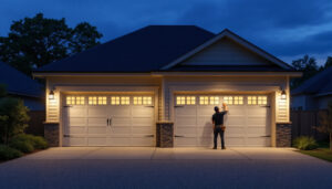 A photograph of a well-lit garage exterior at dusk