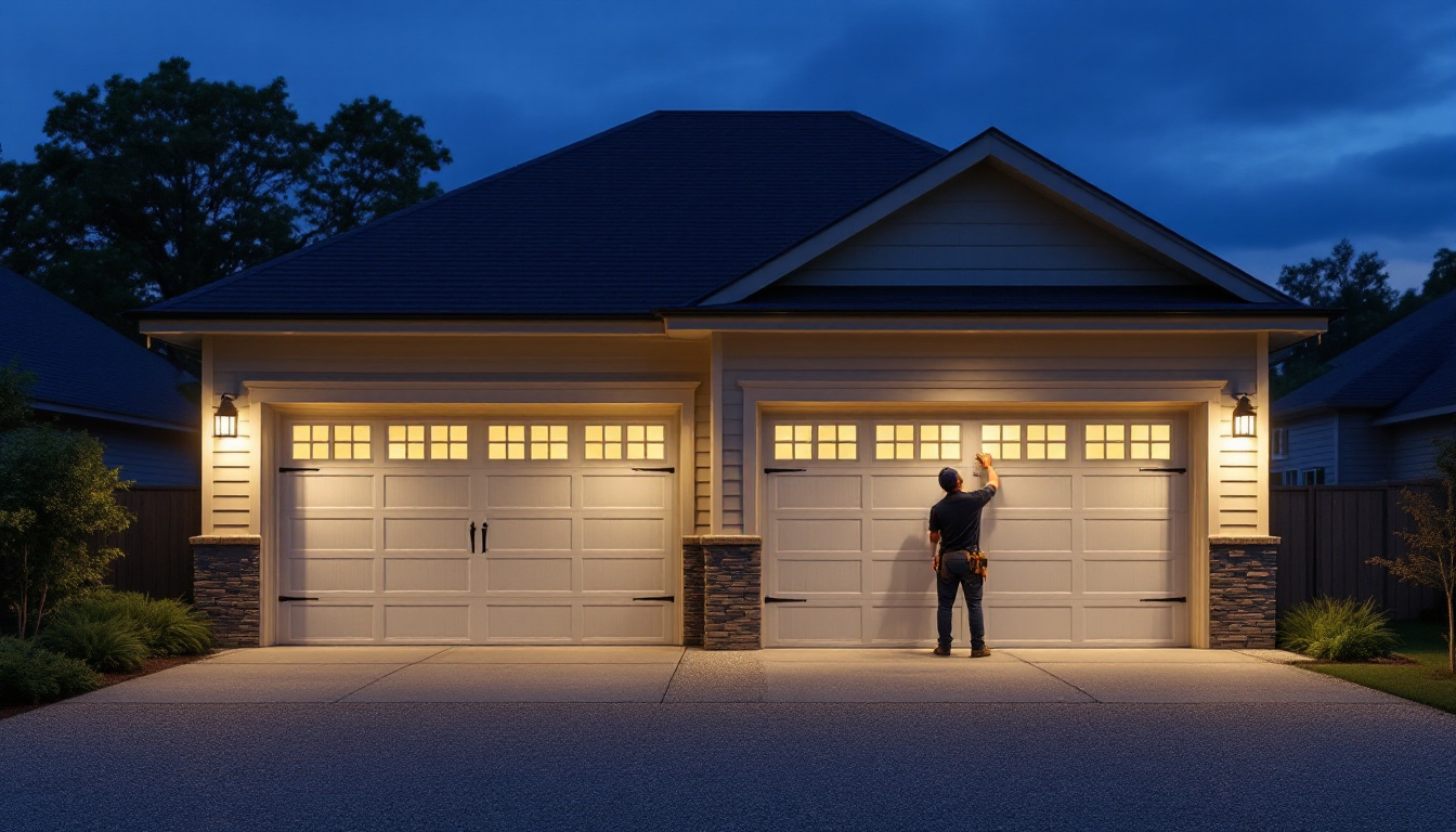A photograph of a well-lit garage exterior at dusk