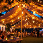 A photograph of a beautifully lit canopy tent at dusk