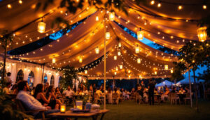 A photograph of a beautifully lit canopy tent at dusk