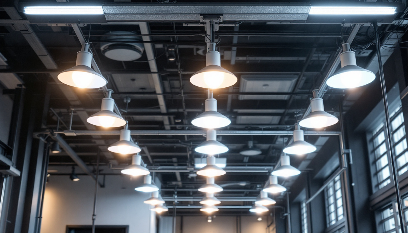 A photograph of a modern lighting installation that prominently features 277v fixtures in an industrial or commercial setting