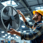 A photograph of a lighting contractor installing an energy-efficient big shop fan in a spacious commercial setting